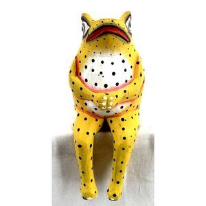 Indonesian Hand Carved Folk Art Yellow Frog Shelf Sitter Wood Décor 7.5"